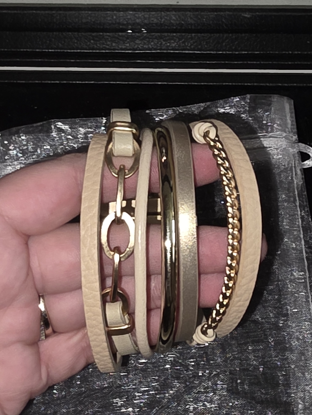 SAACHI Beige Leather Multi-Row Bracelet Set with Gold Accents